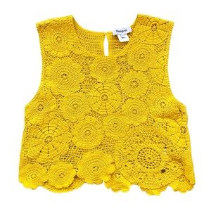 Desigual Floral Crochet Yellow Cotton Sleeveless T-shirt Size L